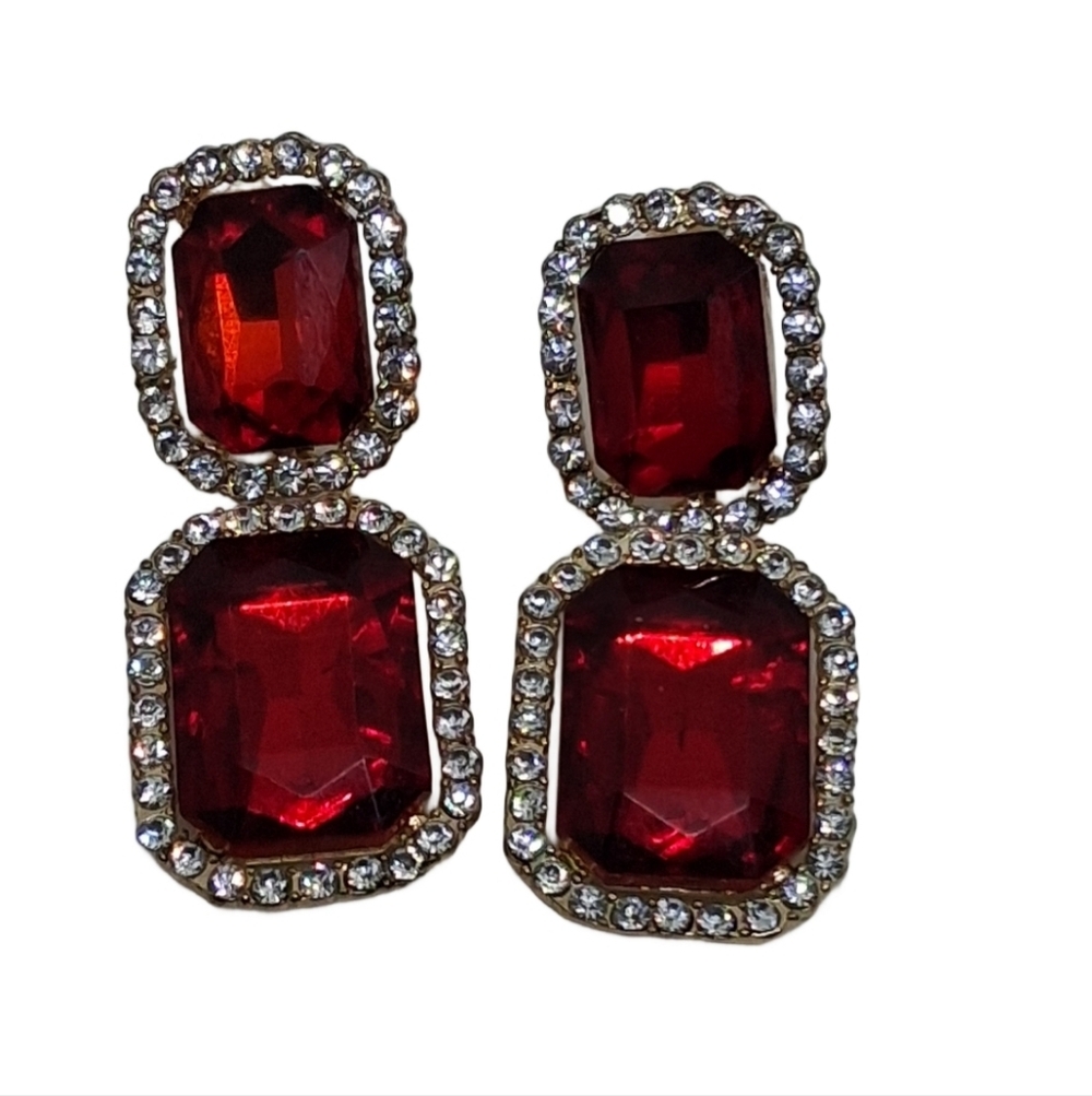 Bold Vintage Ruby Red Emerald Cut Rhinestone Drop… - image 4